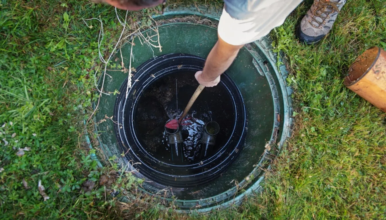 A hand holding a stick and fixing the plumbing pipe of the septic tank