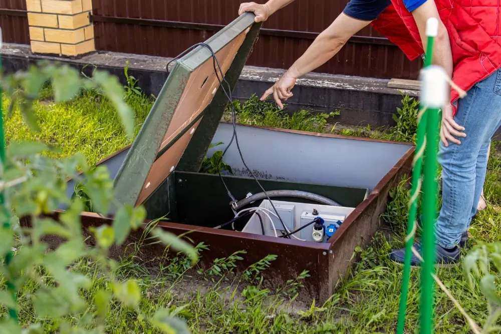A person lifting the lid of an outdoor underground utility hatch in a grassy yard while another person points at the electrical components and pump inside.