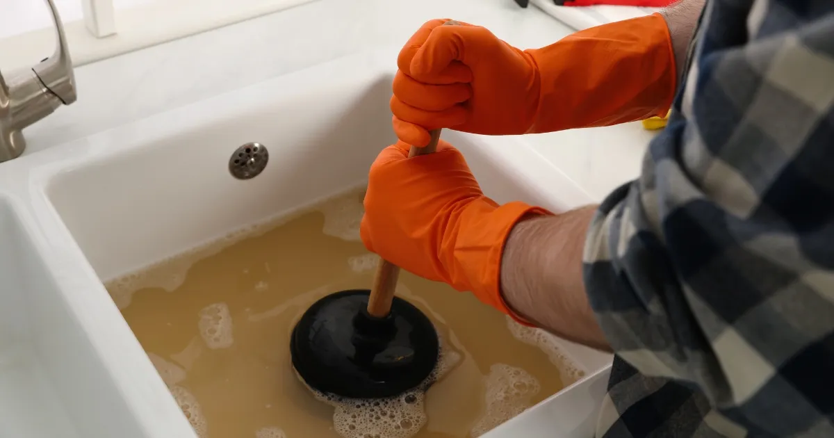 hands wearing orange gloves pumping the blocked drain