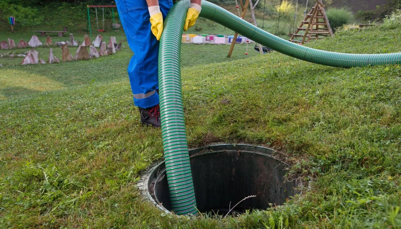 A person inserting a plumbing tube into the septic system