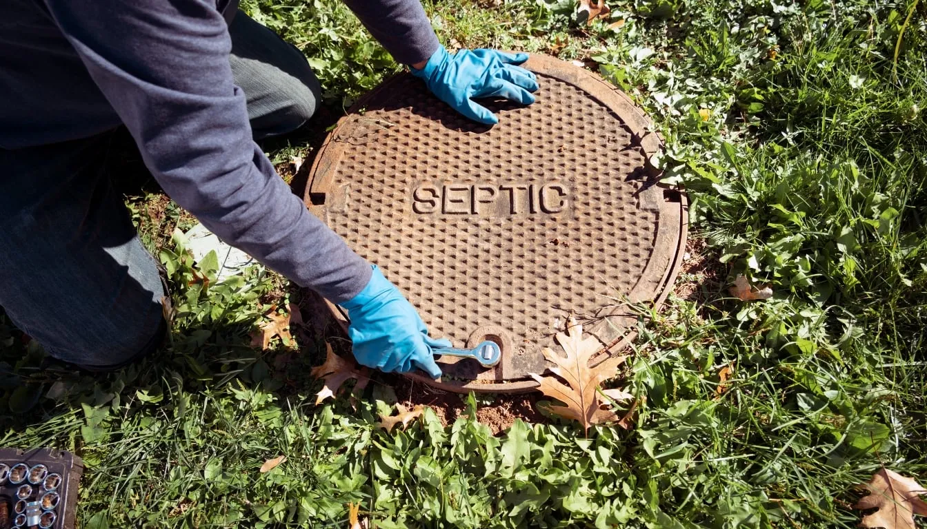 A person wearing blue gloves while covering the septic system