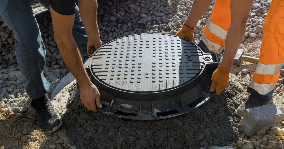 A plumber inspecting and installing a septic trench in a backyard. public sewage systems