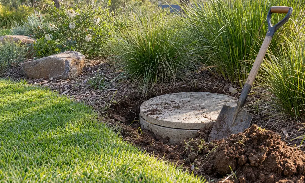 A lawn edge beside a garden bed of native grasses, with a garden spade resting against a partly uncovered round concrete septic lid and a small pile of turned soil.