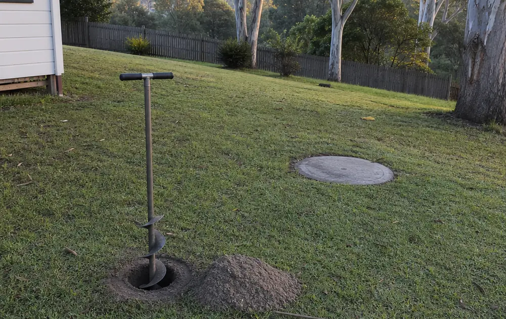 A green lawn sloping away from the corner of a white weatherboard house, with a steel hand soil auger standing in a freshly bored test hole, a small mound of grey-brown soil beside it and a round concrete access lid set flush in the grass, tall gum trees and a paling fence behind.