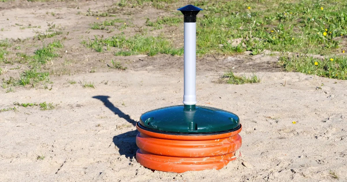 A plumber inspecting a septic tank in a backyard garden. treating wastewater