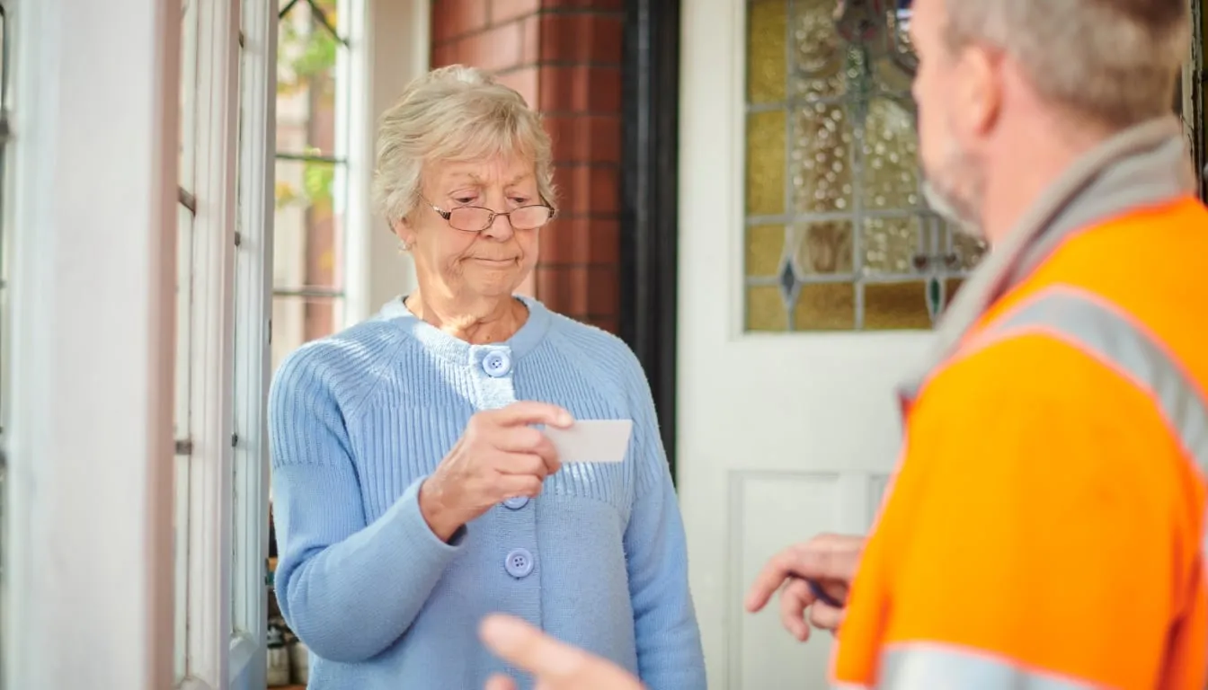 A woman holding a calling card and a contractor