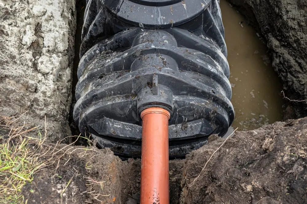 An overhead view of a black plastic septic tank being installed in an earthen trench with an attached orange PVC pipe.