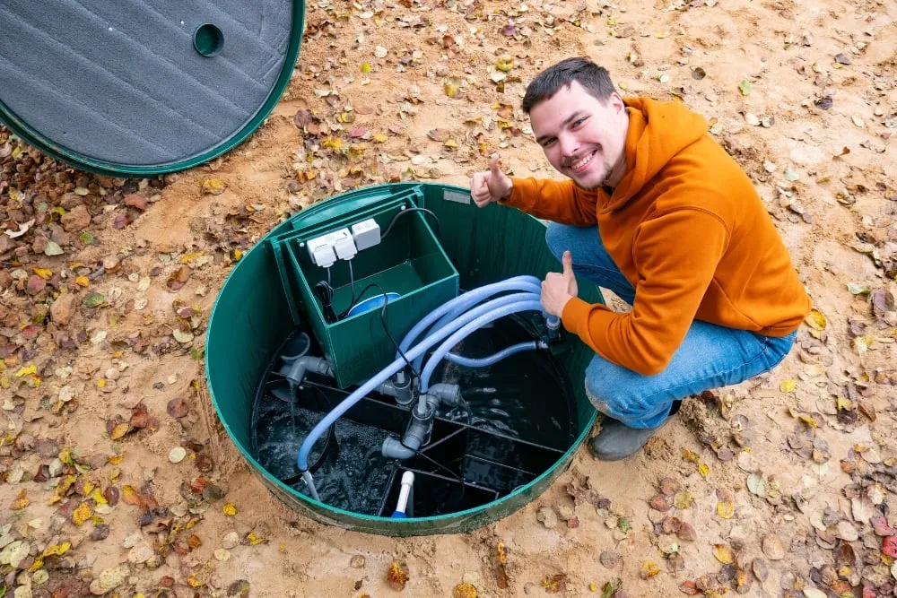 A smiling man giving a thumbs-up while crouching next to an open, underground green septic tank system showing internal pumps and pipes.