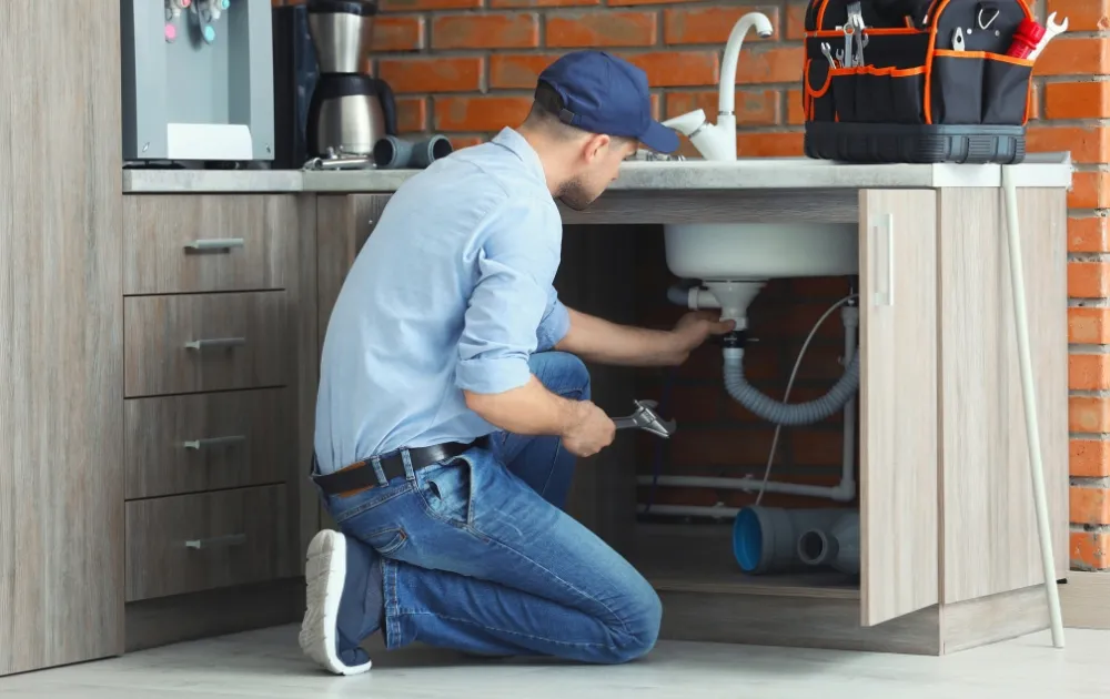 a professional plumber holding a wrench and checking the pipe