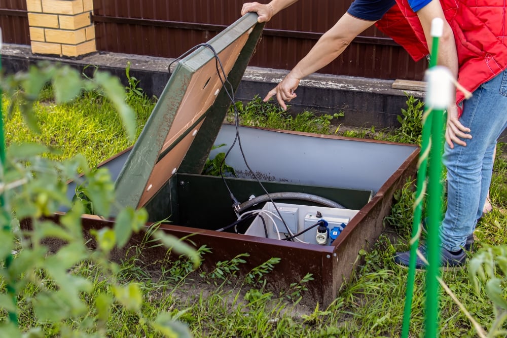 A person lifting the lid of an outdoor underground utility hatch in a grassy yard while another person points at the electrical components and pump inside.